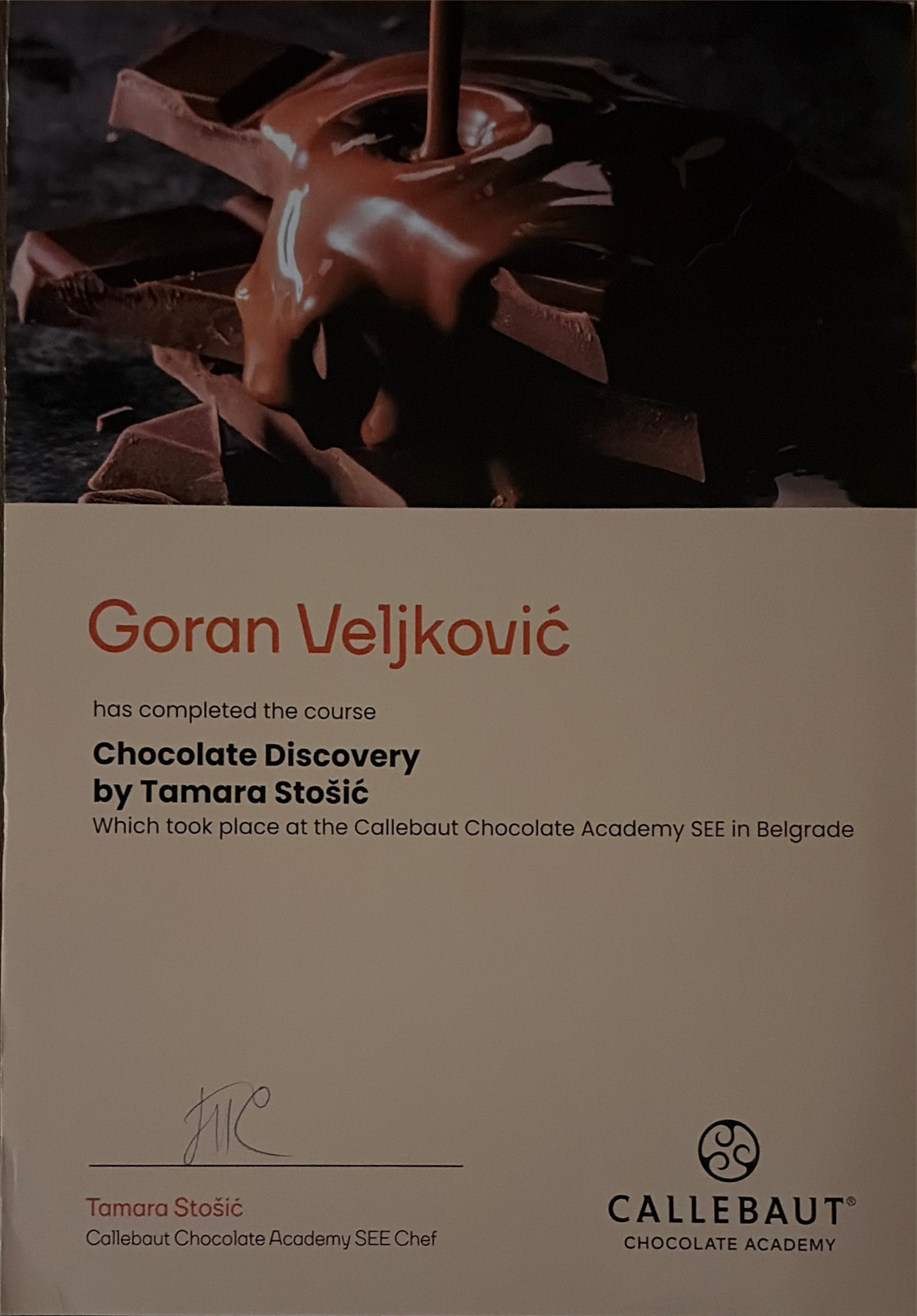 Certificate of completion: Chocolate Discovery, Callebaut Chocolate Academy SEE, Belgrade, 2026.